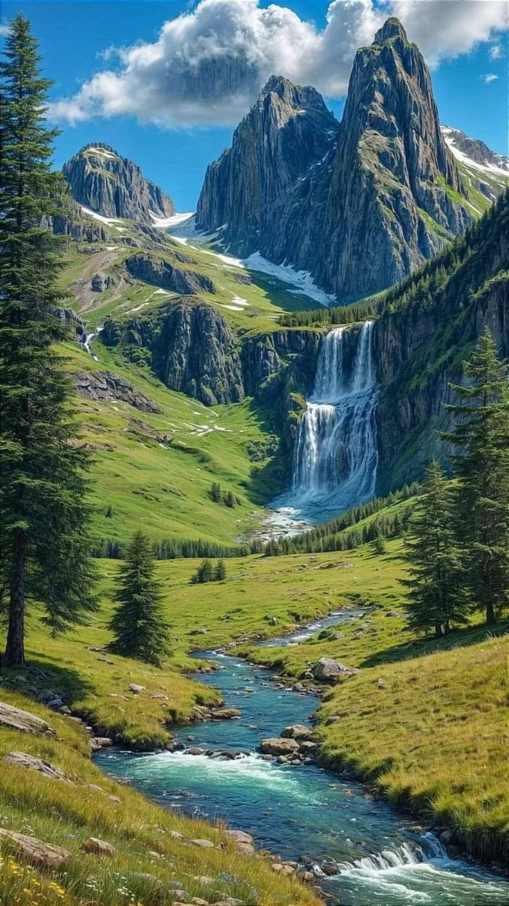 Waterfall flowing through a green mountain valley